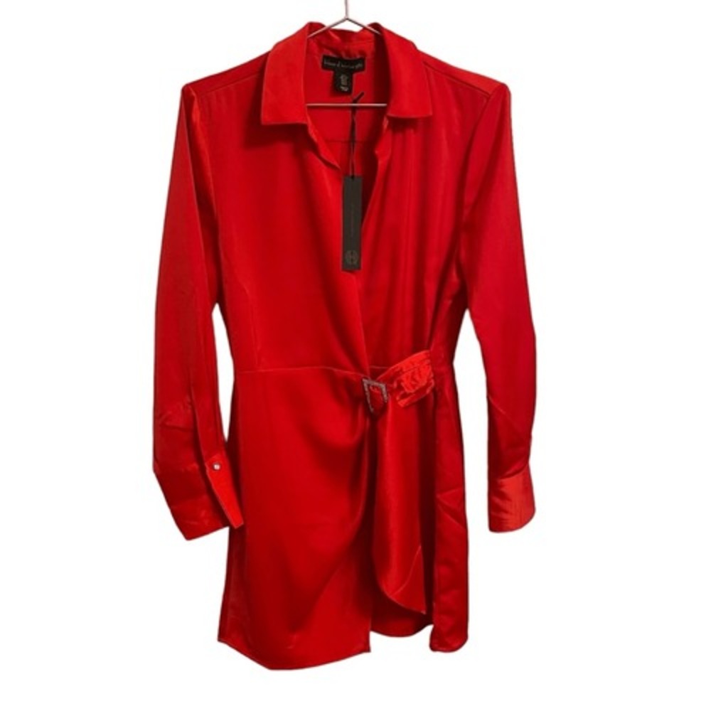 House of Harlow 1960 Red Satin Wrap Mini Dress Rhinestone Buckle NWT Size S